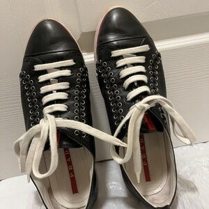 Prada Black and White Low-Top Sneakers with Textured Leather